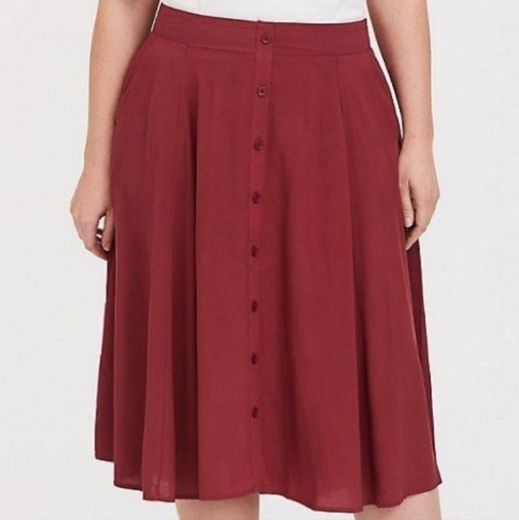 Torrid Burgundy Red Challis Button Front Midi Skirt Women's 1X Plus Size EUC - Picture 3 of 11